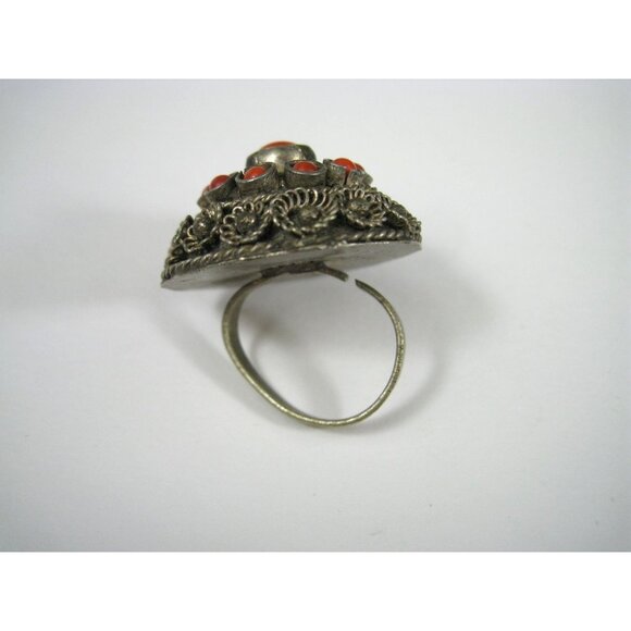Vintage Silver Tone Ring Floral Glass Adjustable Fit Artisan Statement Size 6 - Picture 4 of 9